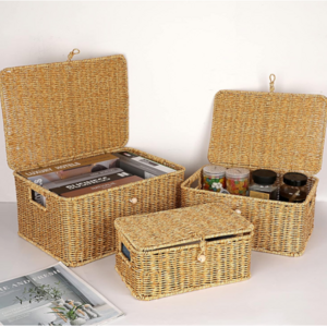 Woven Baskets Bin with Lid & Handle 3 pieces Rectangular Shelf Baskets Multipurpose Storage Basket Boxes Home Decor Container