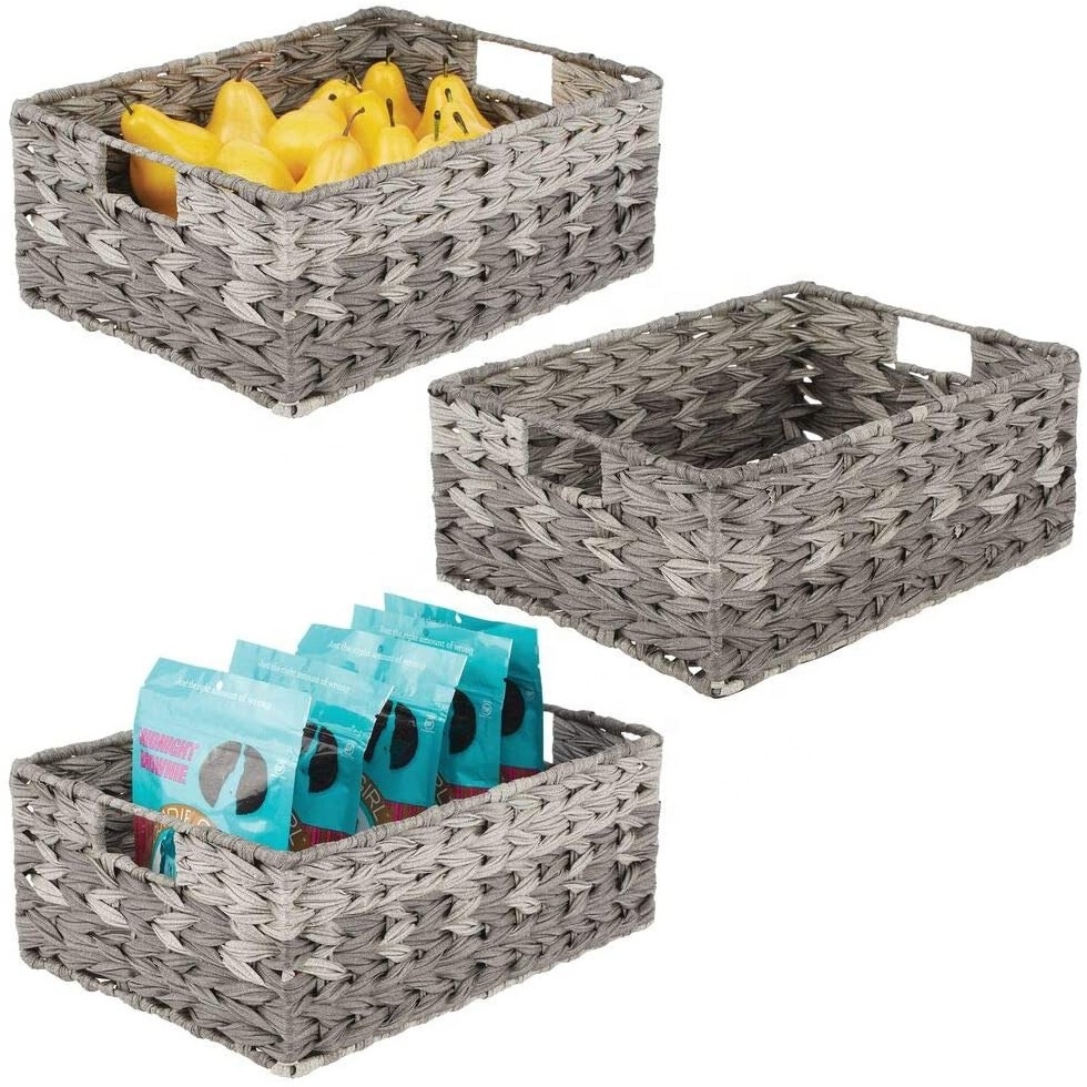 wicker Stackable Sliding Square Fruit Baskets Modern Rattan Woven Storage Basket for Kitchen Counter