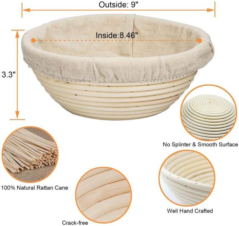 Huangtu 9 Inch Natural Rattan Benneton Round Banneton Bread Proofing Basket