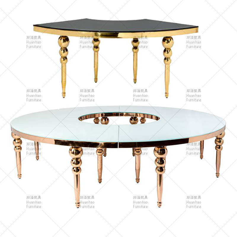 factory royal event decoration mdf moon table stainless steel gold mirror glass wedding serpentine table