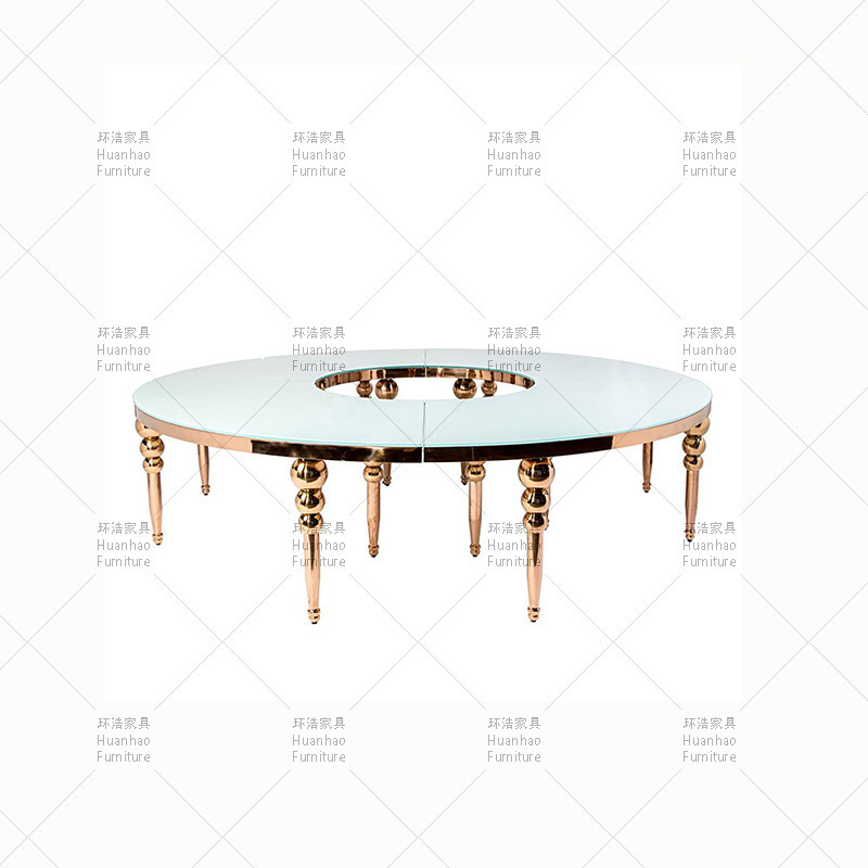 factory royal event decoration mdf moon table stainless steel gold mirror glass wedding serpentine table