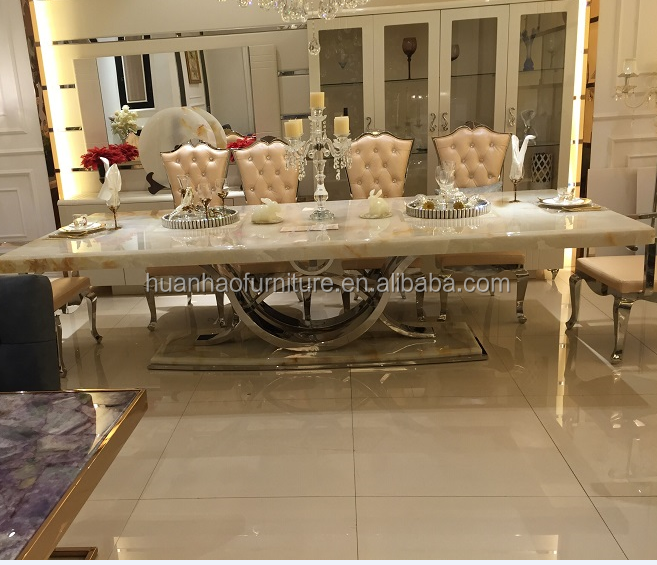 DH-1401 Foshan factory modern furniture marble top gold stainless steel dining table