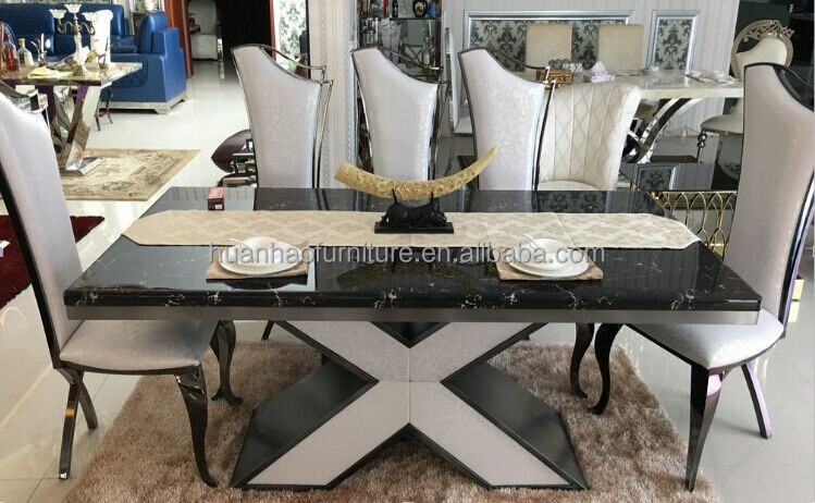 DH-1410 Foshan restaurant furniture large X shape stainless steel leg marble dining table