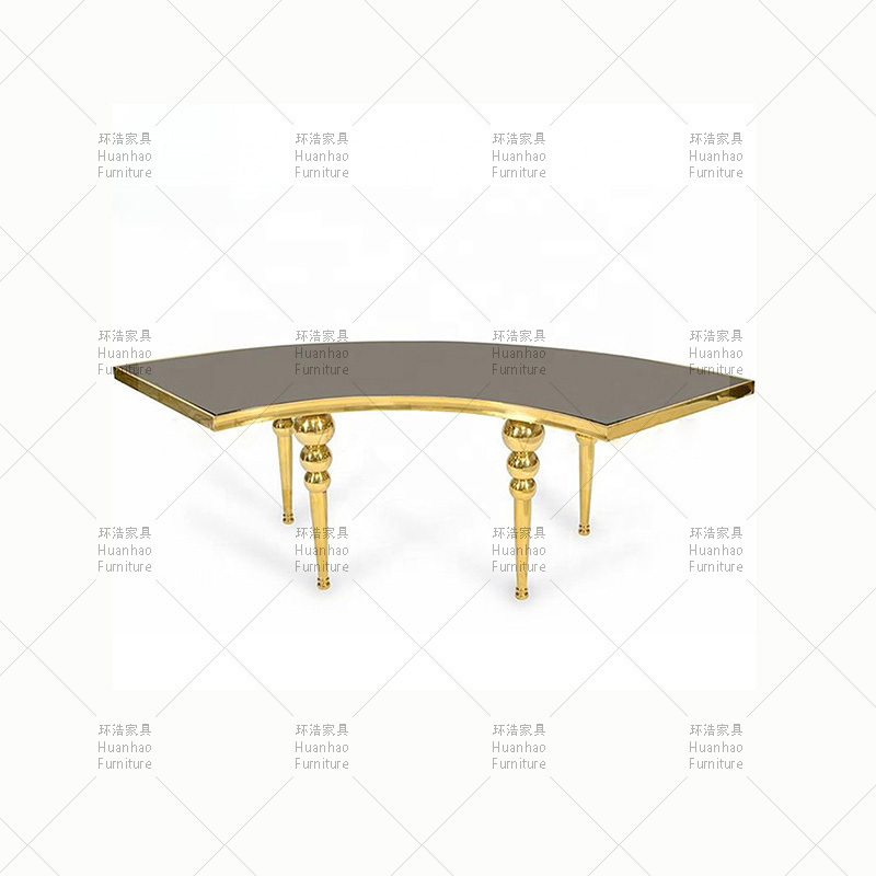 factory royal event decoration mdf moon table stainless steel gold mirror glass wedding serpentine table