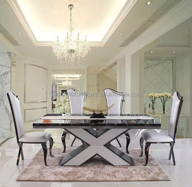 DH-1410 Foshan restaurant furniture large X shape stainless steel leg marble dining table