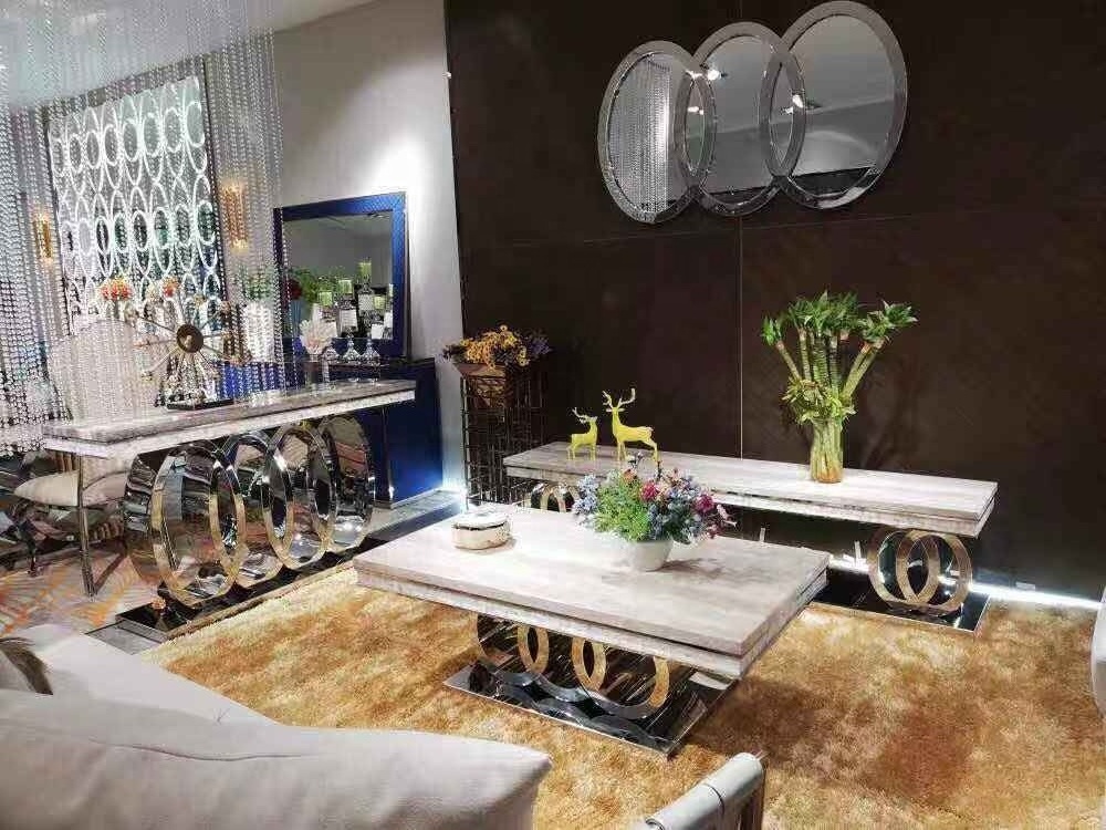 Modern luxury  living room furniture silver stainless steel frame marble top square coffee tables hotel furniture coffee table