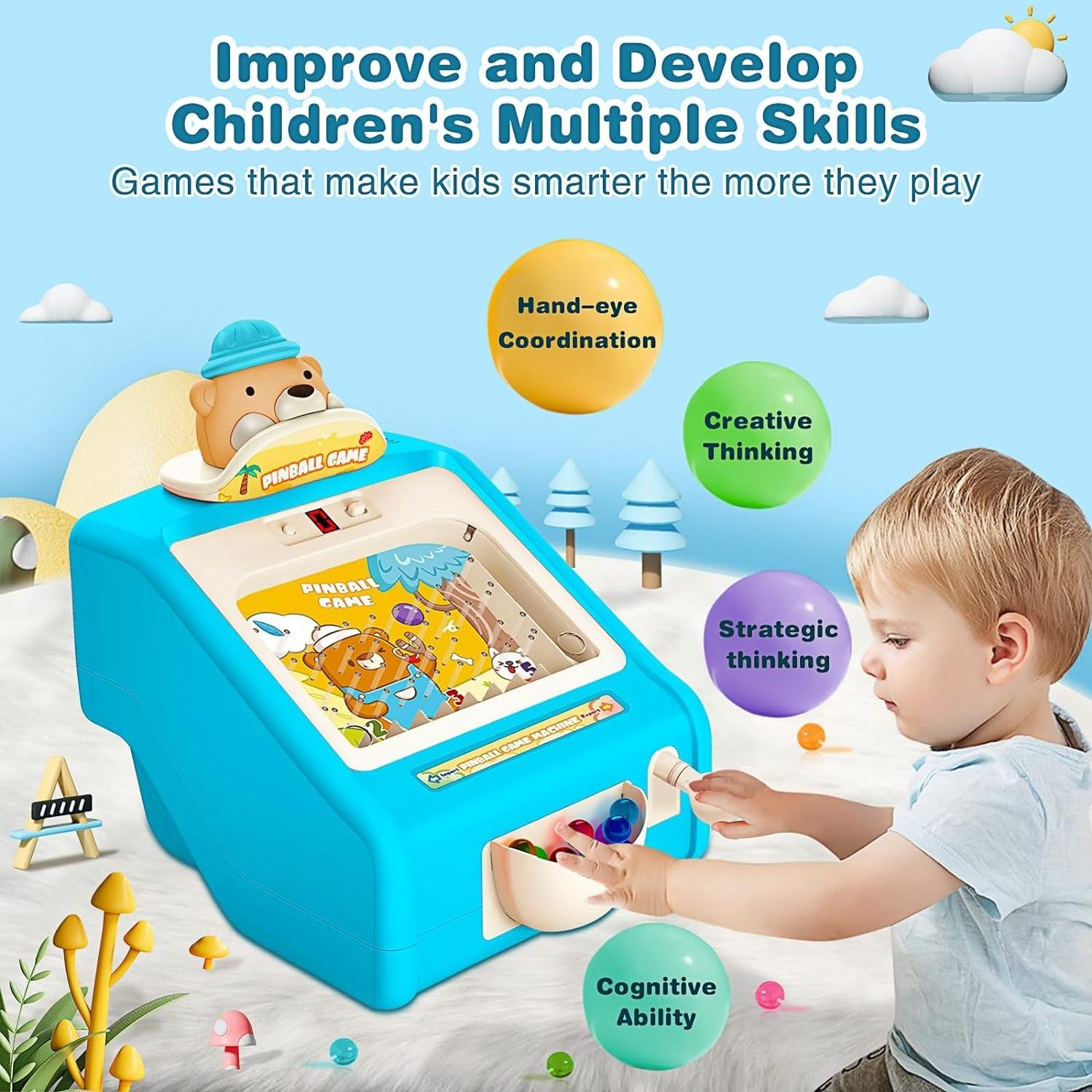 2024 Best Gifts Pinball Machine for Kids, Electronic Arcade Tabletop Marbles Pinball Game with Lights and Music