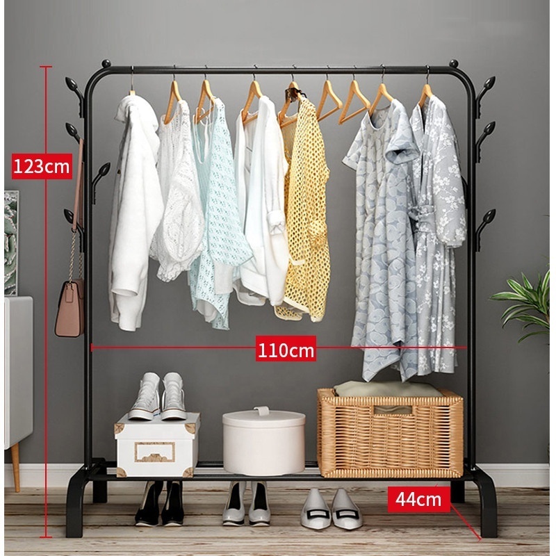 Single Pole Black Metal Clothing  Garment Rack with Mesh Shelf for Clothes, Bags, Shoes, Storage Boxes