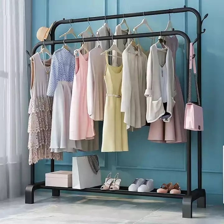 Double Pole Clothes Hat Hanger Rack Shoes Shelf With Wheel