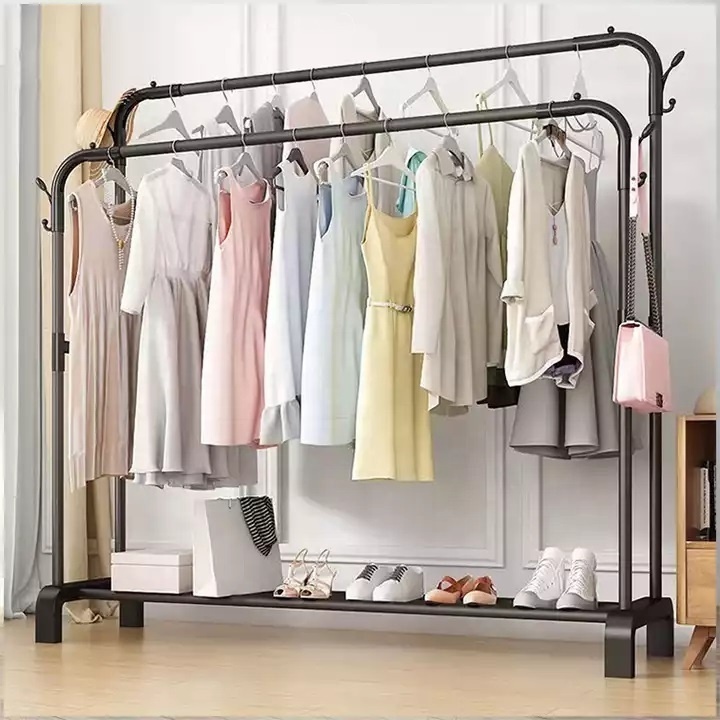 Double Pole Clothes Hat Hanger Rack Shoes Shelf With Wheel