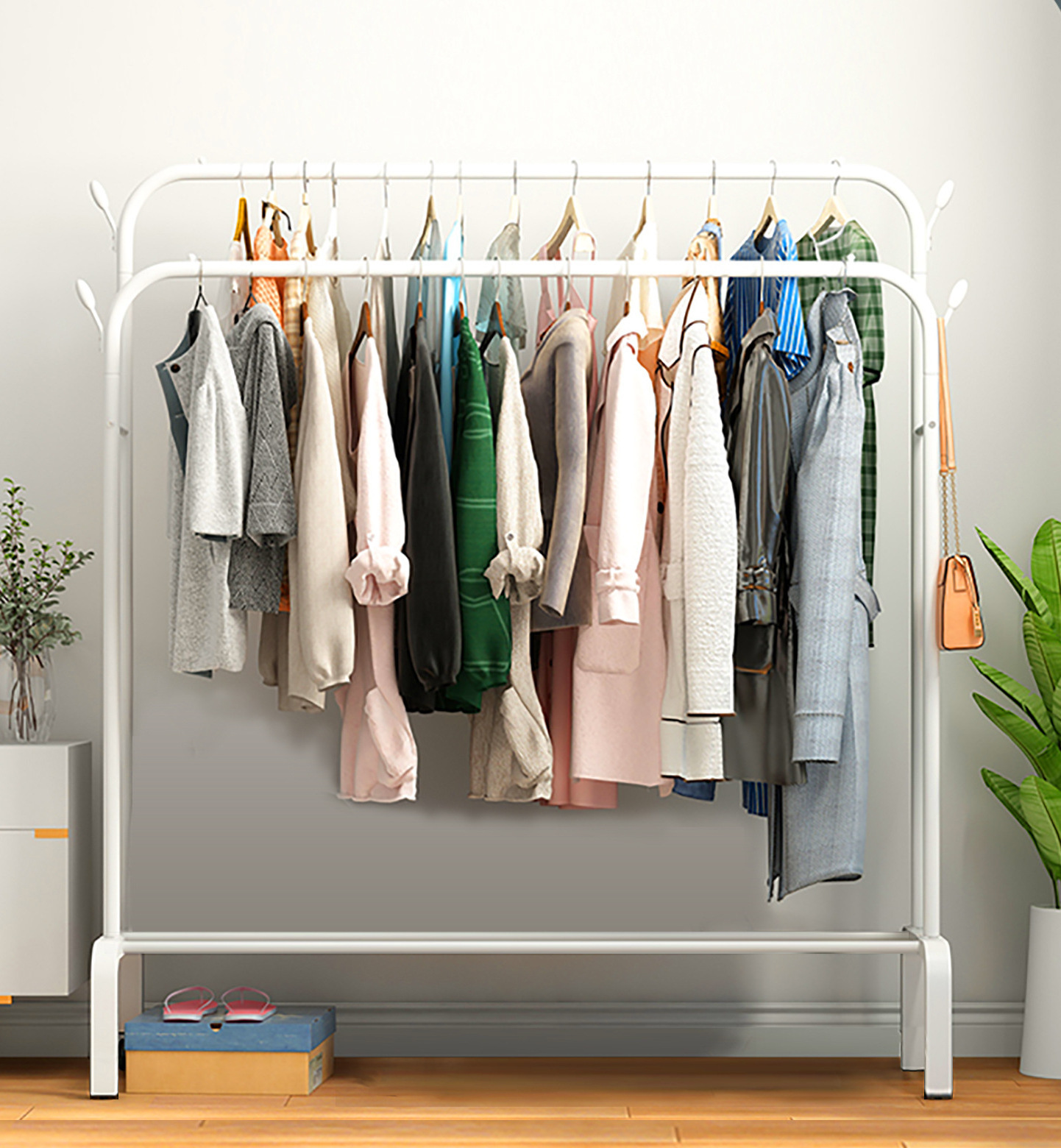 Double Pole Clothes Hat Hanger Rack Shoes Shelf With Wheel