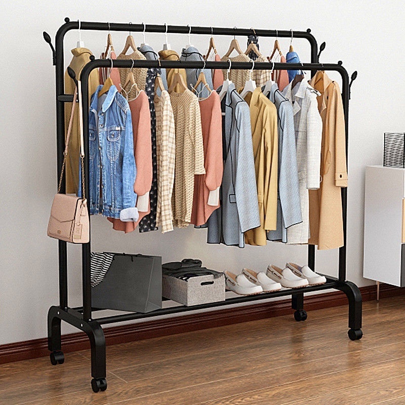 Double Pole Clothes Hat Hanger Rack Shoes Shelf With Wheel