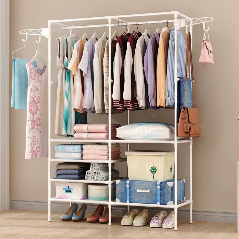 Free Standing Multifunctional Clothes Wardrobe Three Row Bedroom Coat Rack For Dressing Room