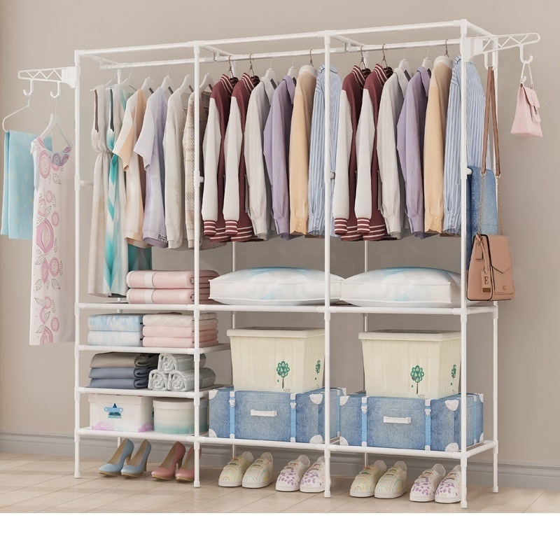 Free Standing Multifunctional Clothes Wardrobe Three Row Bedroom Coat Rack For Dressing Room