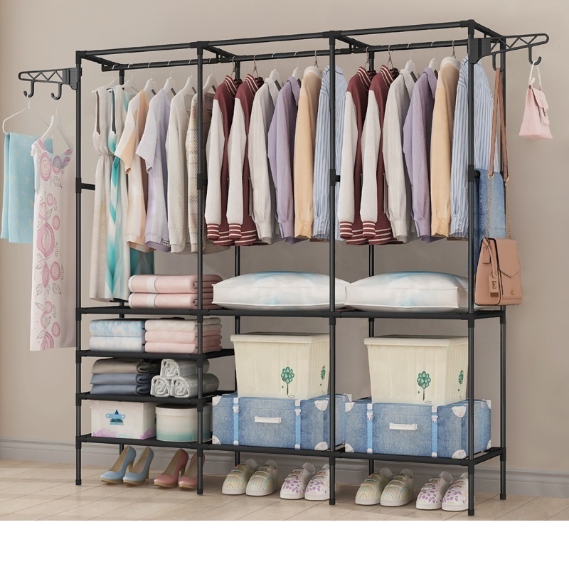 Free Standing Multifunctional Clothes Wardrobe Three Row Bedroom Coat Rack For Dressing Room