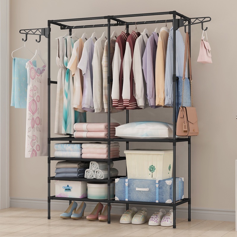 Free Standing Multifunctional Clothes Wardrobe Three Row Bedroom Coat Rack For Dressing Room