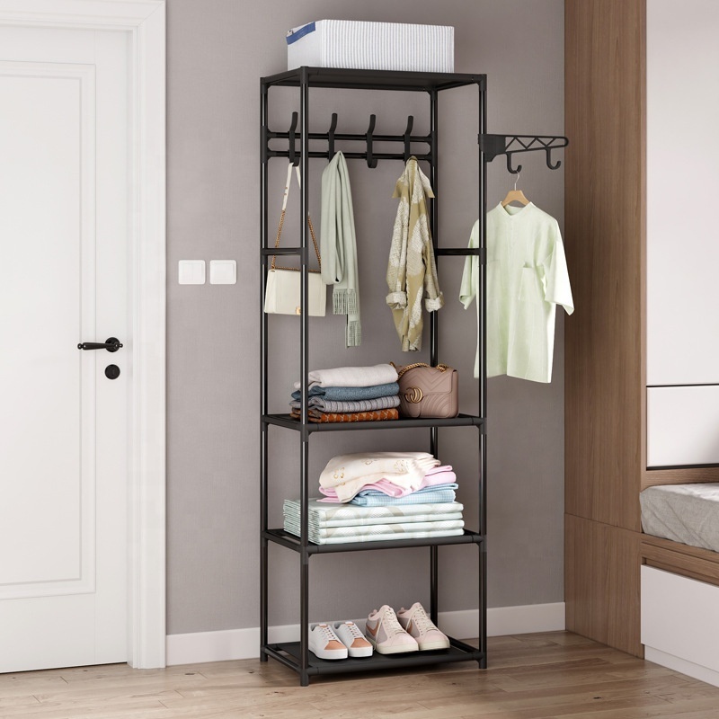 Freestanding Multifunctional Clothes Wardrobe Two Row Garment Rack with hooks