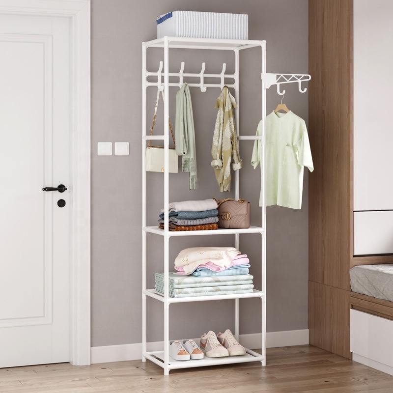 Freestanding Multifunctional Clothes Wardrobe Two Row Garment Rack with hooks