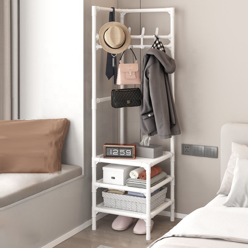 New Model 3 Layers Floor Standing Clothes Hanger Shoe Storage Shelf Corner Coat Clothes Rack