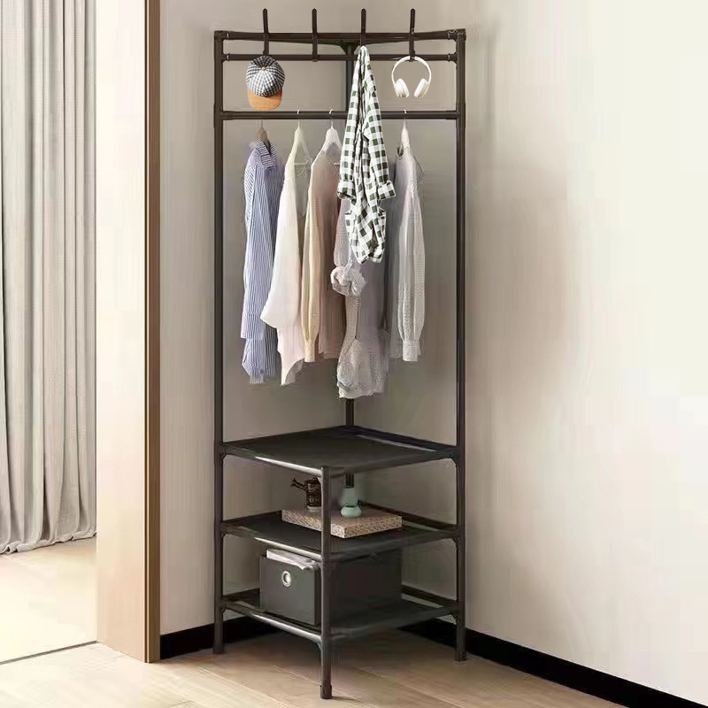 New Model 3 Layers Floor Standing Clothes Hanger Shoe Storage Shelf Corner Coat Clothes Rack