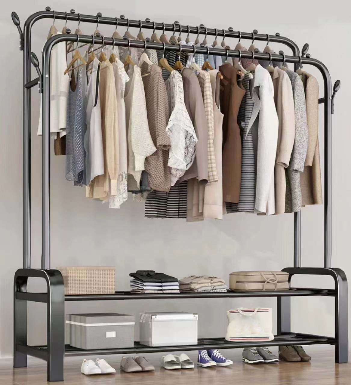 Modern Movable Coat Rack Clothes Hanger Stand Garment Rack With Bottom Shelf