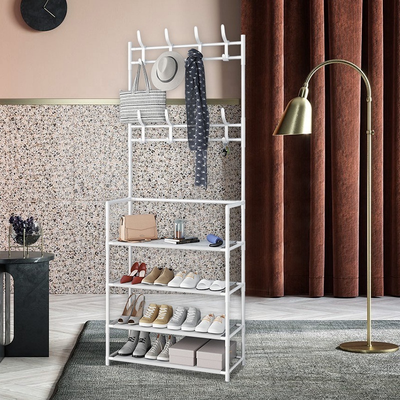 4 Tier 80cm Entrance Hall Coat Rack Organiser Metal Multi-purpose Storage Shoe Bench