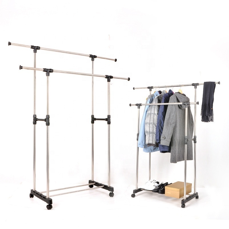 Double Rod Portable Clothing Hanging Garment Rack