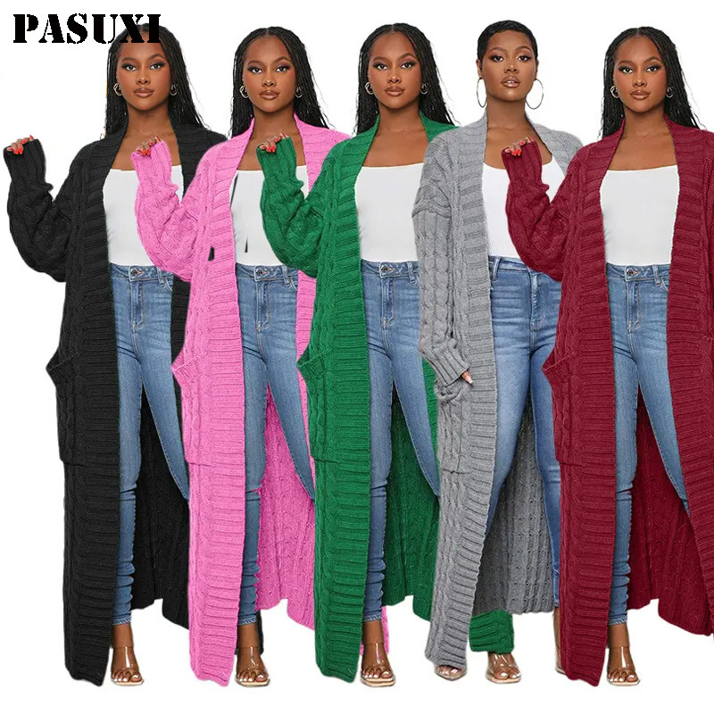 PASUXI Autumn Women Long Ladies V-Neck Pockets Top Knitted Coat Sweater Twist Knitted Cardigan