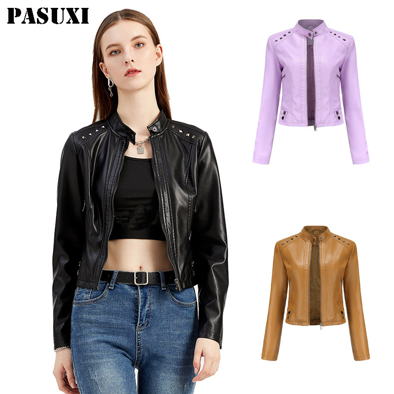 PASUXI New Arrival Spring Autumn Girls Thin Long Sleeve Leather Jacket With Rivets Coat Collar Zipper Leather Women Jacket