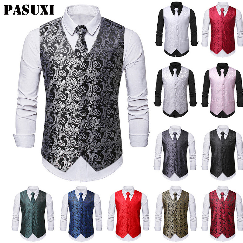 PASUXI Custom Fashion Print Business Casual Sleeveless Waistcoat Men Workwear Formal Slim Mens Suit Vest