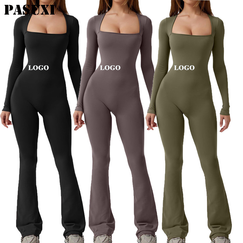 PASUXI 2024 New Style Custom Logo Girls Fall Winter Long Sleeves Yoga Women Fitness Wear One Piece Stretch Bodycon Jumpsuit