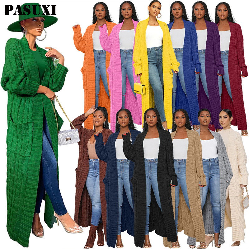 PASUXI Autumn Women Long Ladies V-Neck Pockets Top Knitted Coat Sweater Twist Knitted Cardigan