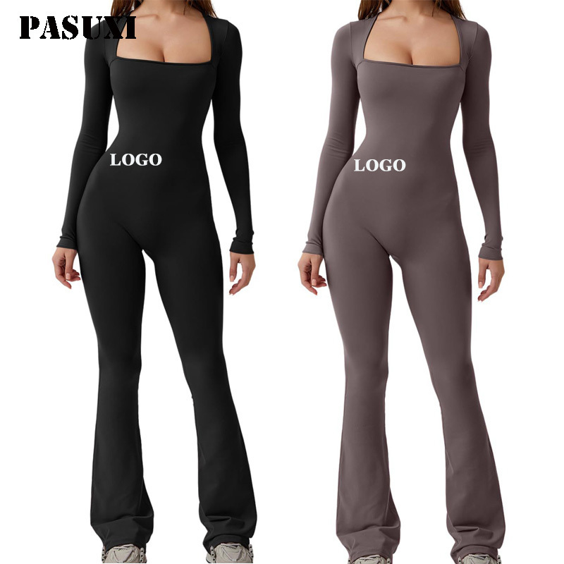 PASUXI 2024 New Style Custom Logo Girls Fall Winter Long Sleeves Yoga Women Fitness Wear One Piece Stretch Bodycon Jumpsuit