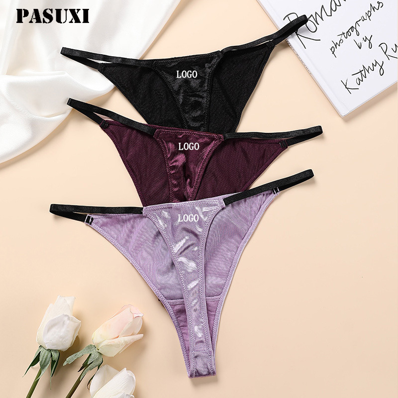 PASUXI Custom Women Stain Silk Laser Cut T Black No Show Invisible Breathable Underwear Sexy Thong Panties