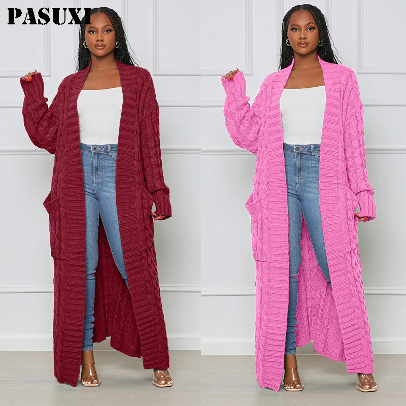 PASUXI Autumn Women Long Ladies V-Neck Pockets Top Knitted Coat Sweater Twist Knitted Cardigan