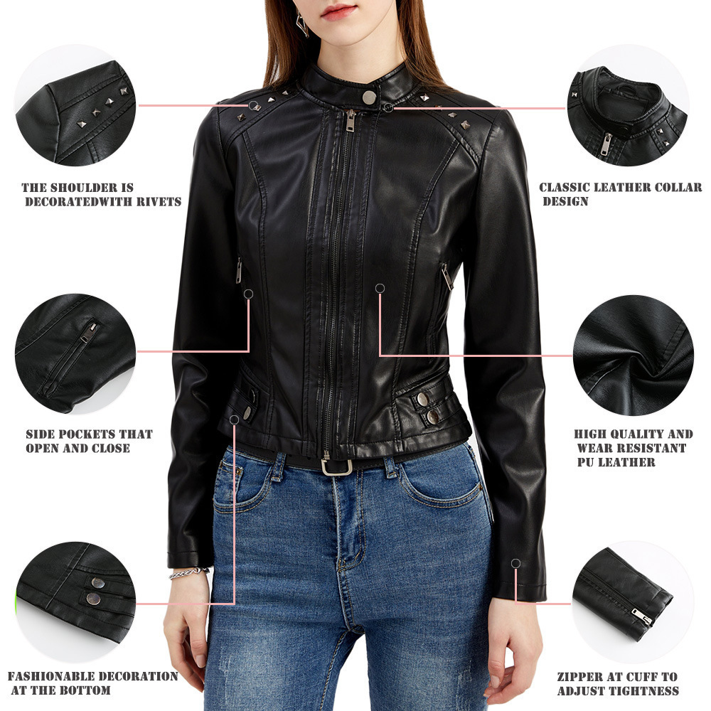 PASUXI New Arrival Spring Autumn Girls Thin Long Sleeve Leather Jacket With Rivets Coat Collar Zipper Leather Women Jacket