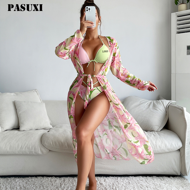 PASUXI Factory Manufacturer Straps String Halter Bikini Plus Size Women Micro Swimsuit 3 Pcs Floral Swimwear