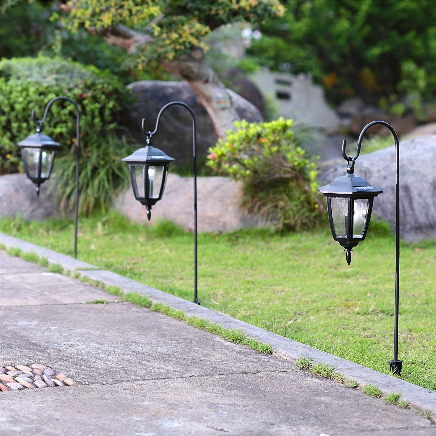 Black Vintage Garden Solar Powered Light Hanging Coach Lanterns with Shepherd Hooks LED Outdoor Lighting for Gardens, Patio