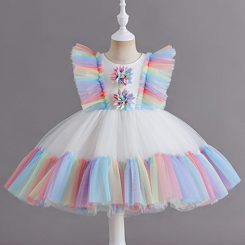 2023 Summer  girl mesh rainbow color matching girl princess dress puffy cake dress flower girl dress