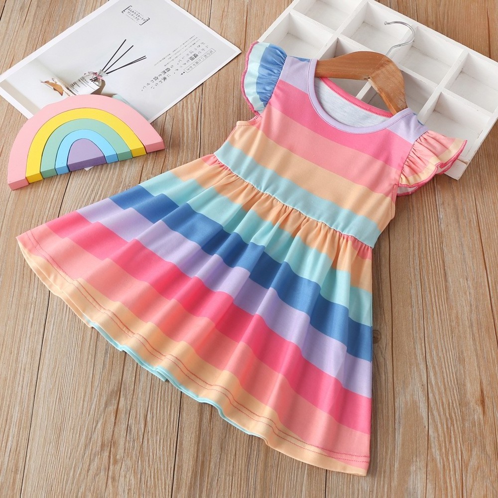 Popular Rainbows colored stripes kids girls summer dress