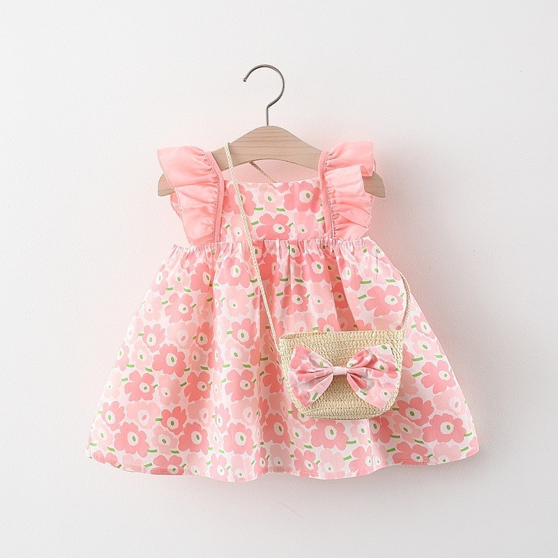 Summer Beach Girls Dress Hats Sleeveless Princess Flower Dresses Cotton Floral Casual Baby Kids Dresses