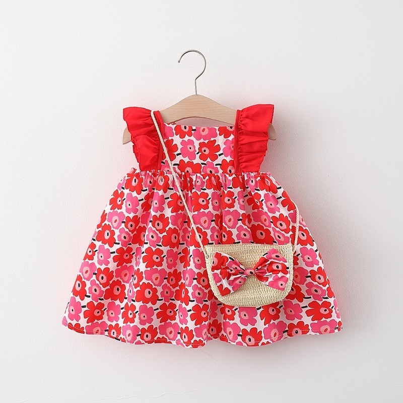 Summer Beach Girls Dress Hats Sleeveless Princess Flower Dresses Cotton Floral Casual Baby Kids Dresses