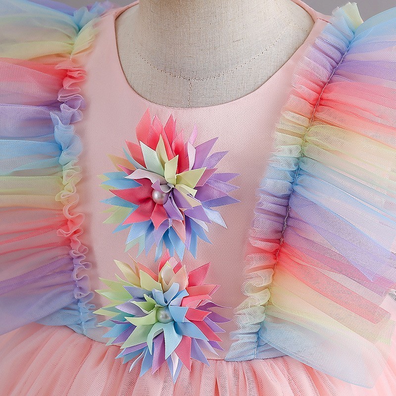 2023 Summer  girl mesh rainbow color matching girl princess dress puffy cake dress flower girl dress