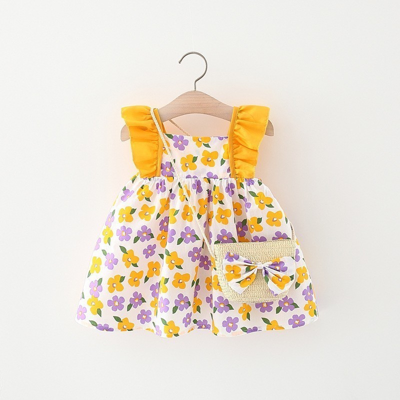 Summer Beach Girls Dress Hats Sleeveless Princess Flower Dresses Cotton Floral Casual Baby Kids Dresses