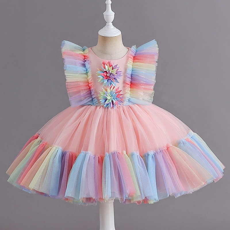 2023 Summer  girl mesh rainbow color matching girl princess dress puffy cake dress flower girl dress