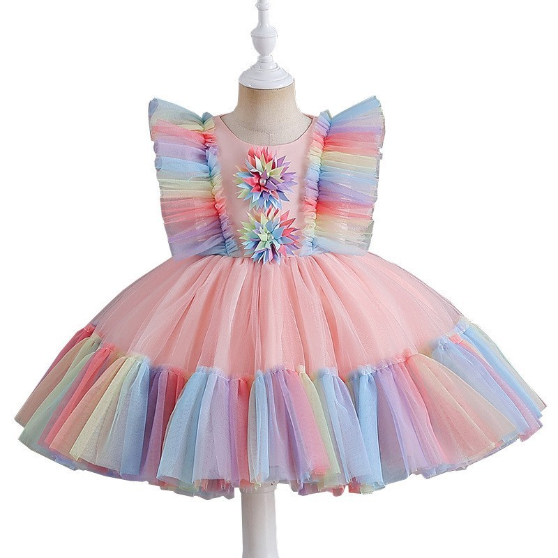 2023 Summer  girl mesh rainbow color matching girl princess dress puffy cake dress flower girl dress