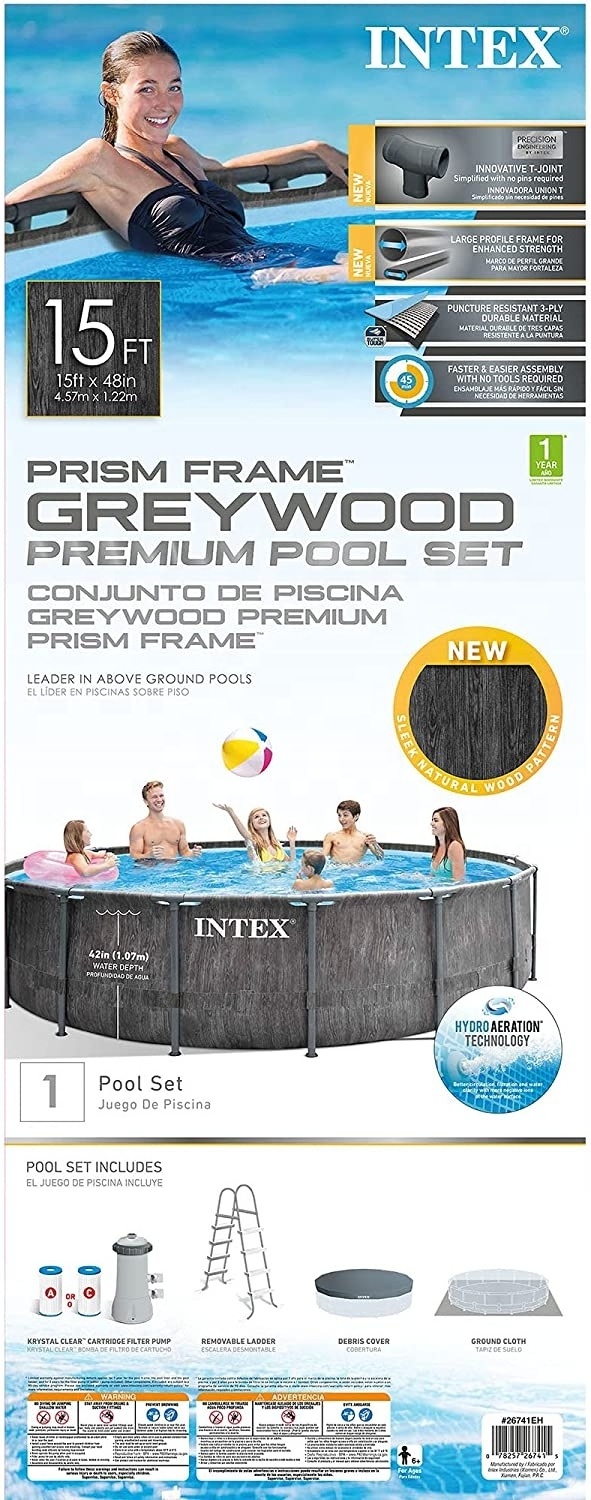 2021 Intex 26742 15ft x 48in Greywood  Steel Frame Outdoor Above Ground Swimming Pool Set with Cover, Ladder, & Pump