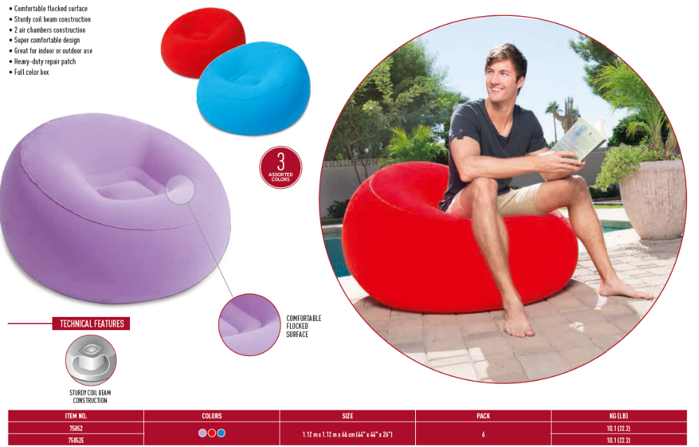 Bestway 75052 44'' x 44 ''x 26'' Inflatable flocking bean bag chair furniture