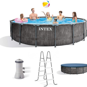 2021 Intex 26742 15ft x 48in Greywood  Steel Frame Outdoor Above Ground Swimming Pool Set with Cover, Ladder, & Pump