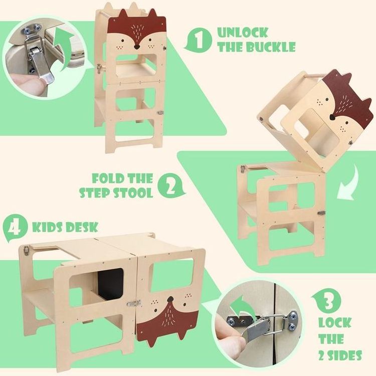 Customize 3 In 1 Kids Step Stool Foldable Kitchen Stool Helper Learning Wooden Animal Tower With Chalkboard